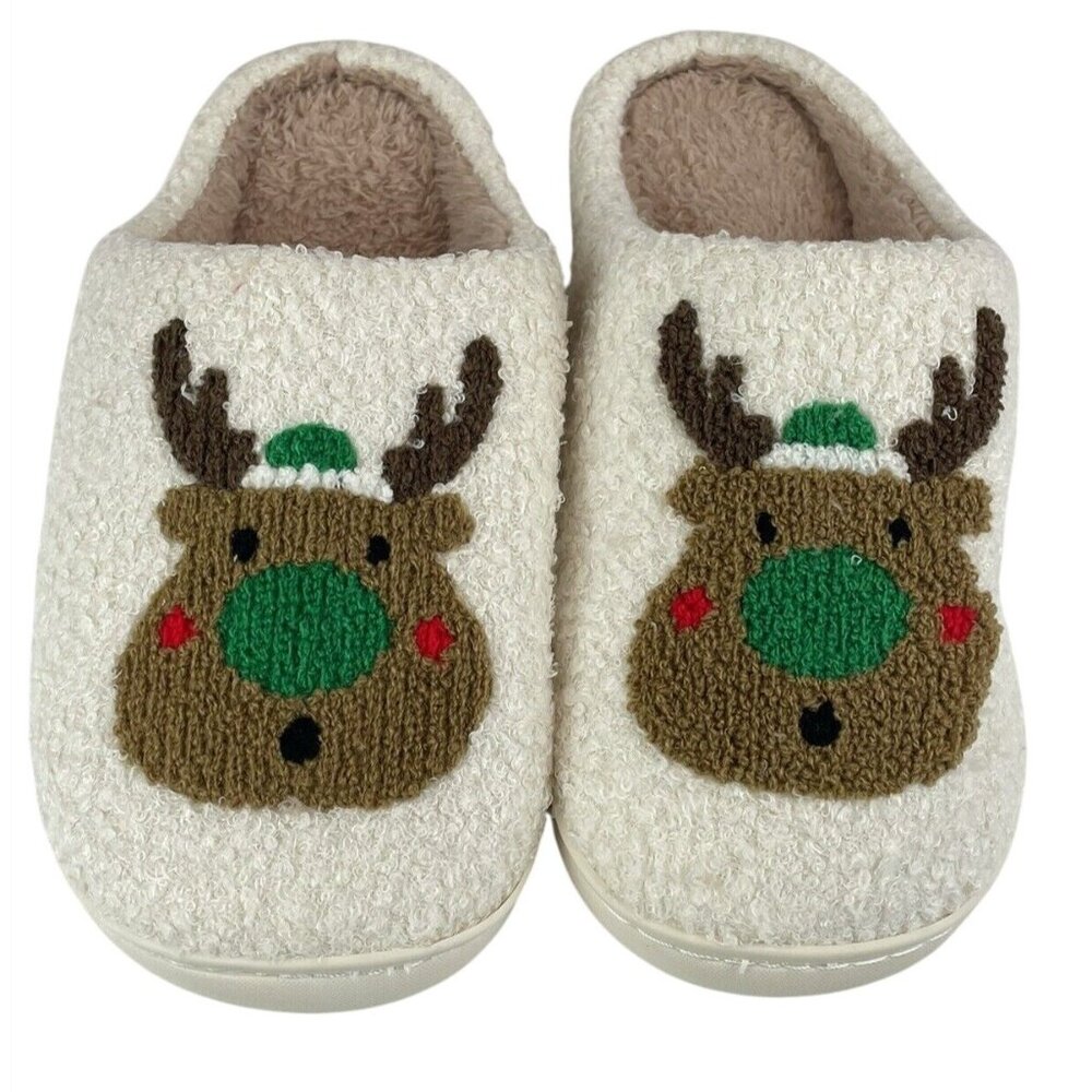 Christmas Reindeer House Slippers Soft Plush Warm Indoor Outdoor W 9-9.5 Green